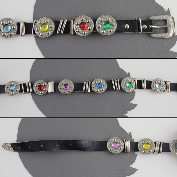 Rainbow Gems & Silver Metal Studded Vintage Black Leather  display picture 2