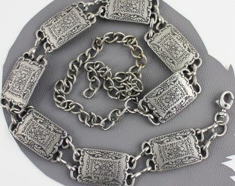 Western Silver Rectangular Concho with Floral Motif Metal Chain Belt - adjustable length up to 40 inches