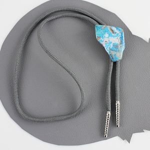 Aqua Marine Blue Brown and White Stone Western Bolo Tie with Gray Nylon Cord