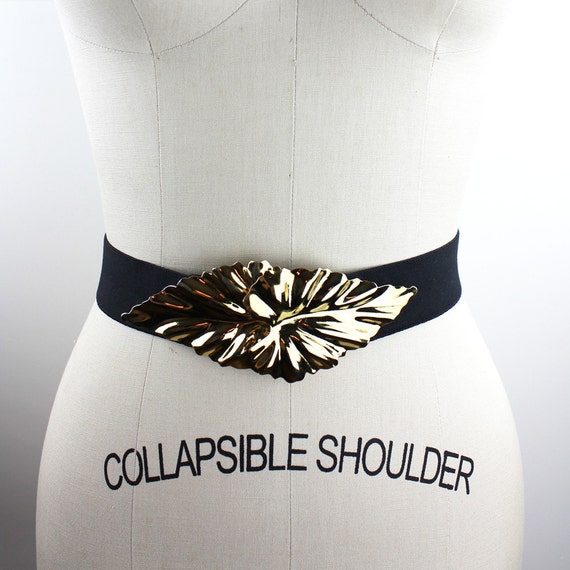 Gold Metal Leaf Buckle on Black Elastic Belt - Etsy display picture 3