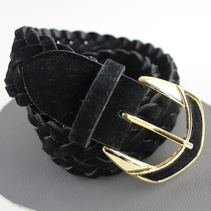 Vintage Wide Black Velvety Velour Braid Belt with Gold Buckle size Small / Medium