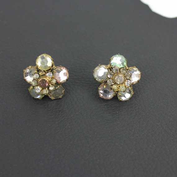 Pink Green Clear Rhinestone Clip On Earrings - image 3
