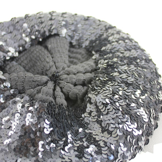 Black Sequin Vintage Beret Hat / Stretch Material - image 9