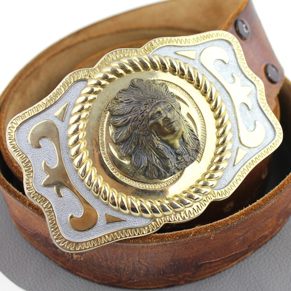 Native American Bust Buckle on Southwestern Desert Tooled Leather Belt Unisex Size 50 Etsy UK