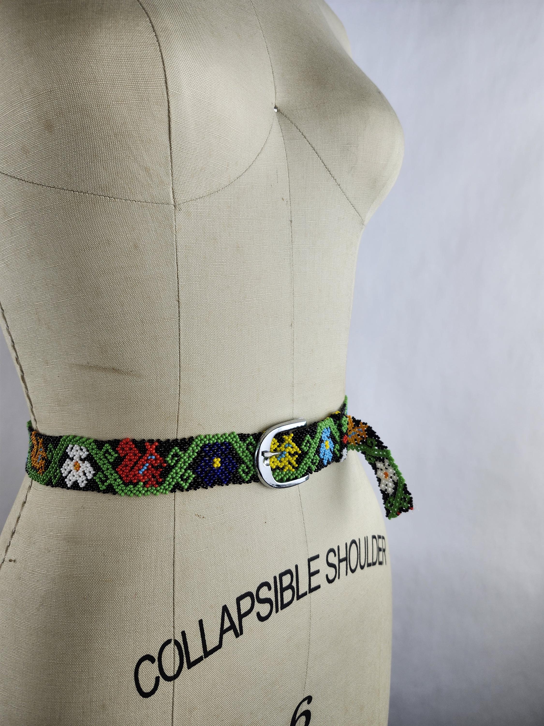 Handmade micro seed bead belt with fringe black, green, white vintage wrap belt 1.25 main image 3