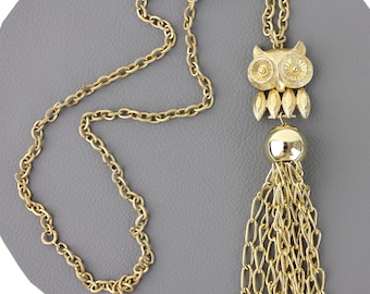 Gold Owl Tassel Vintage Necklace / Long Tassel Necklace / Vintage Bird Necklace / 70s Bohemian Owl Necklace Pendant / Owl Gift For Woman