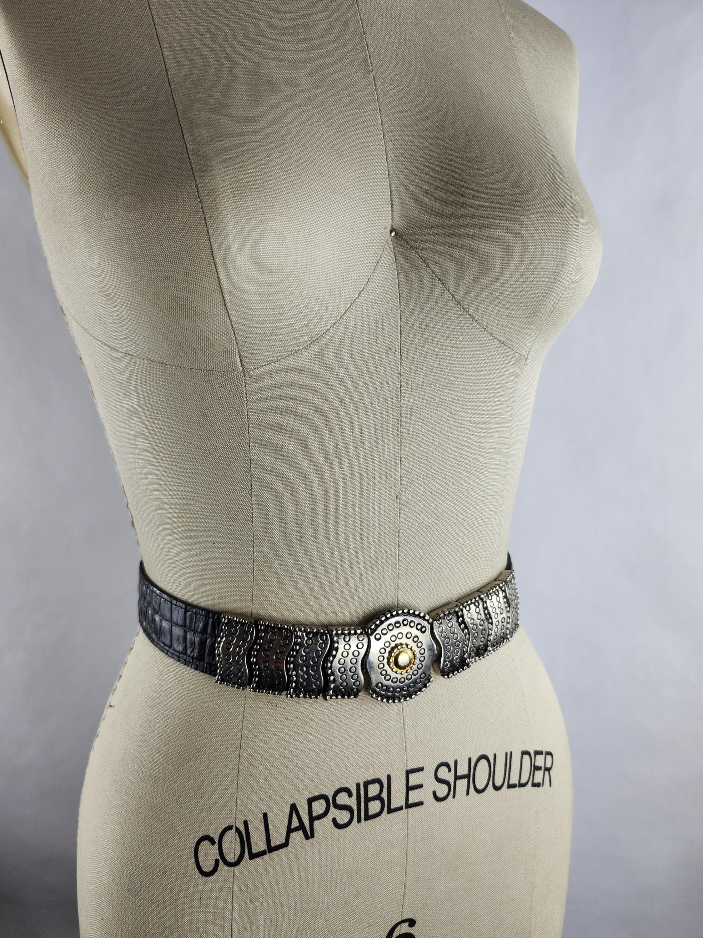 Black Vintage Faux Alligator Leather Belt With Silver & Gold  display picture 2