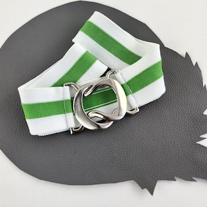 Green & White Striped Vintage Preppy Elastic Belt with Interlocking Silver Buckle