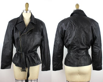 Vintage Black Leather Side Zip Belted Motorcycle Jacket