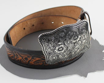 Paisley Floral Buckle on Two Tone Brown Leather Floral Tooled Western Belt Size 30/31