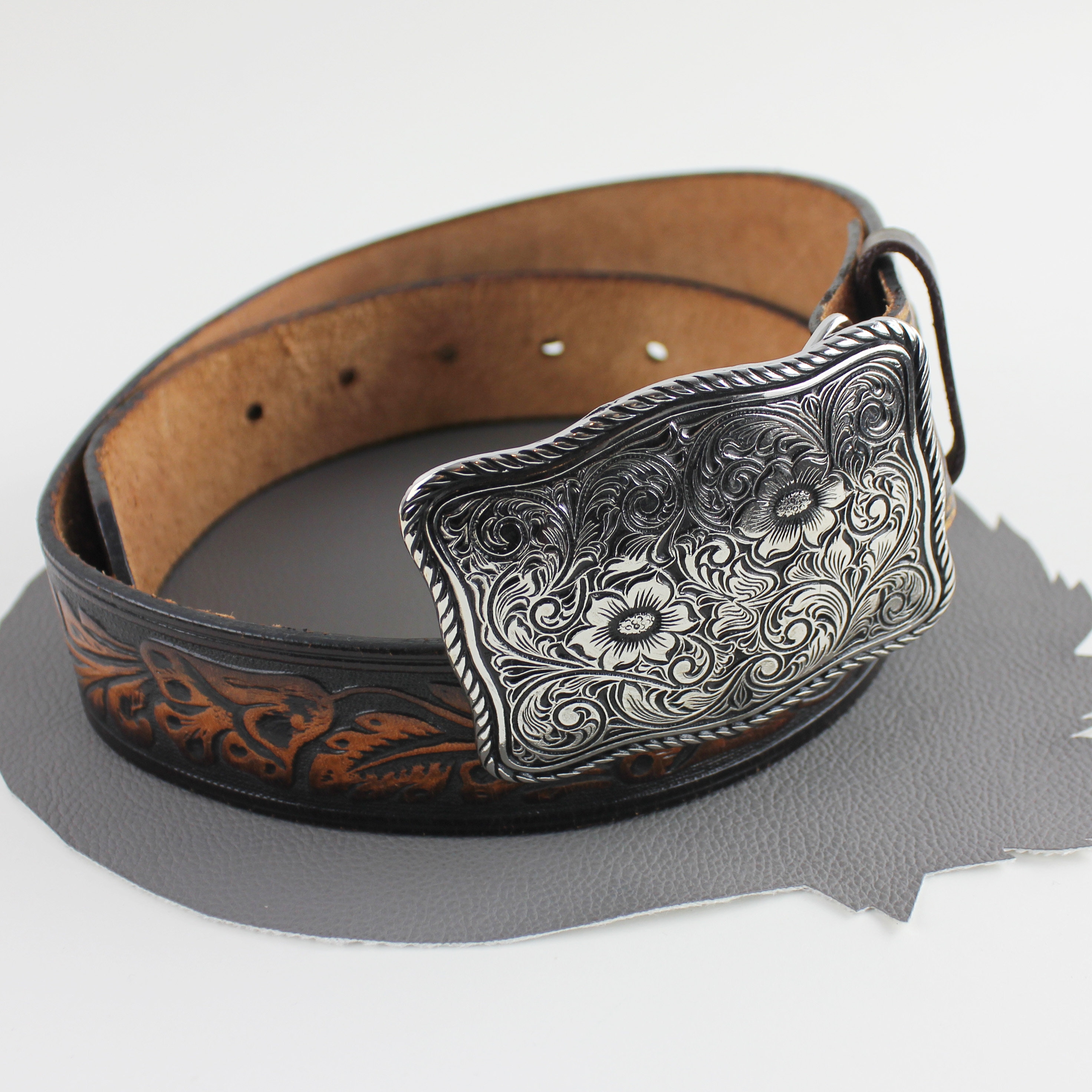 Paisley Floral Buckle on Two Tone Brown Leather Floral Tooled