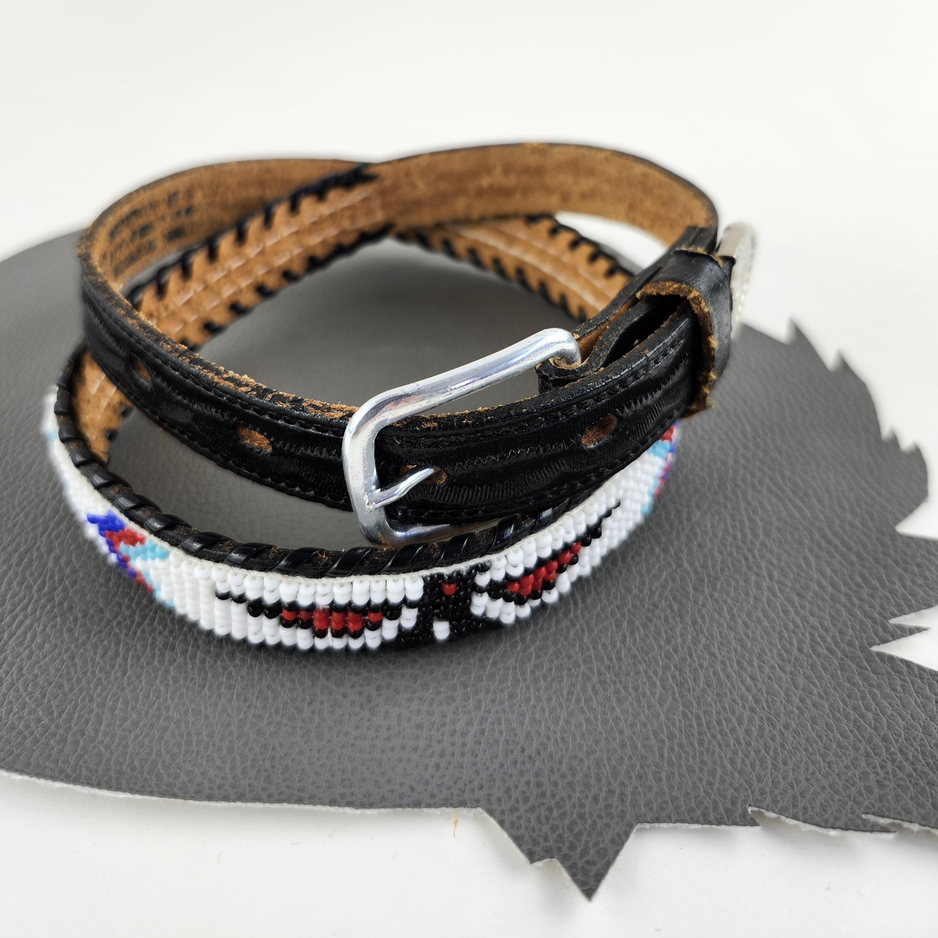 Thunderbird Seed Bead Black Leather Southwestern Narrow Belt 
