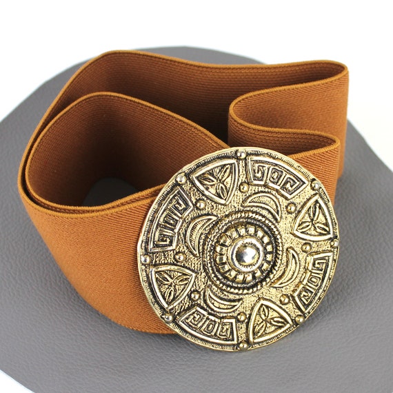 Brass Buckle Tobacco Brown Elastic Statement Belt - Vintage Pearl