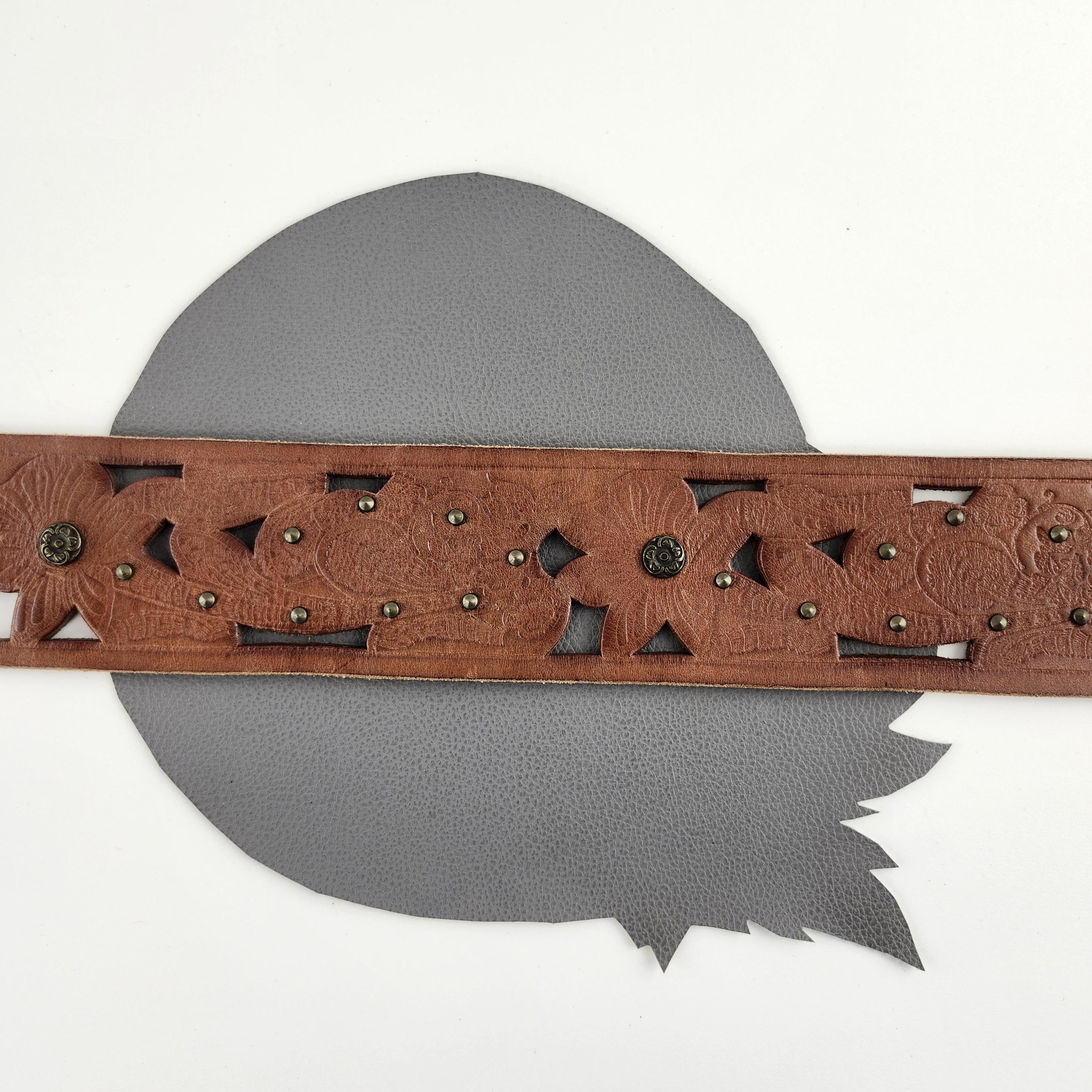 NWOT Fossil Wide Floral Tooled Cut Out Leather Studded Belt Size M Brown Leather Wide Floral Tooled Belt With Cut Outs and  main image 4