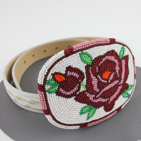 Red White Green Rose Fully Sead Beaded Buckle on … - image 2