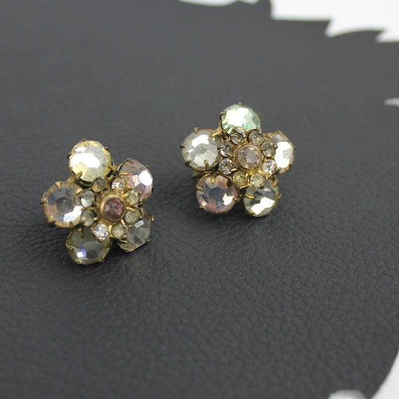 Pink Green Clear Rhinestone Clip On Earrings - image 1