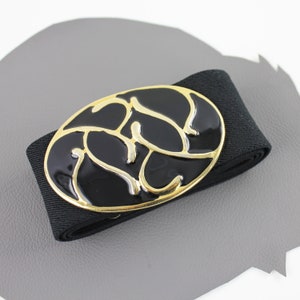 Black & Gold Abstract Oval Buckle Vintage Black Elastic Belt size Large