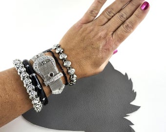 Silver Belt Buckle Bracelet, Rhinestone and Black Star Hinge Vintage Bracelet Set