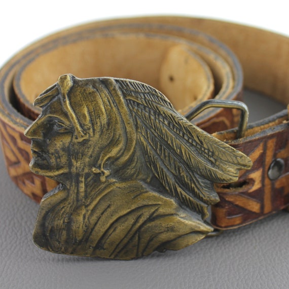 Brass Native American Head Buckle on Southwestern Tooled 