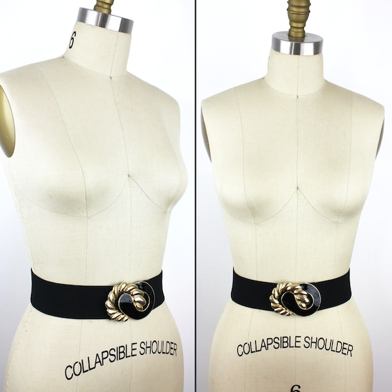 Vintage Stretch Belt with Black and Gold Swirl Buckle Black & Gold Swirl Buckle on Black Elastic Vintage Belt - 27  main image 3