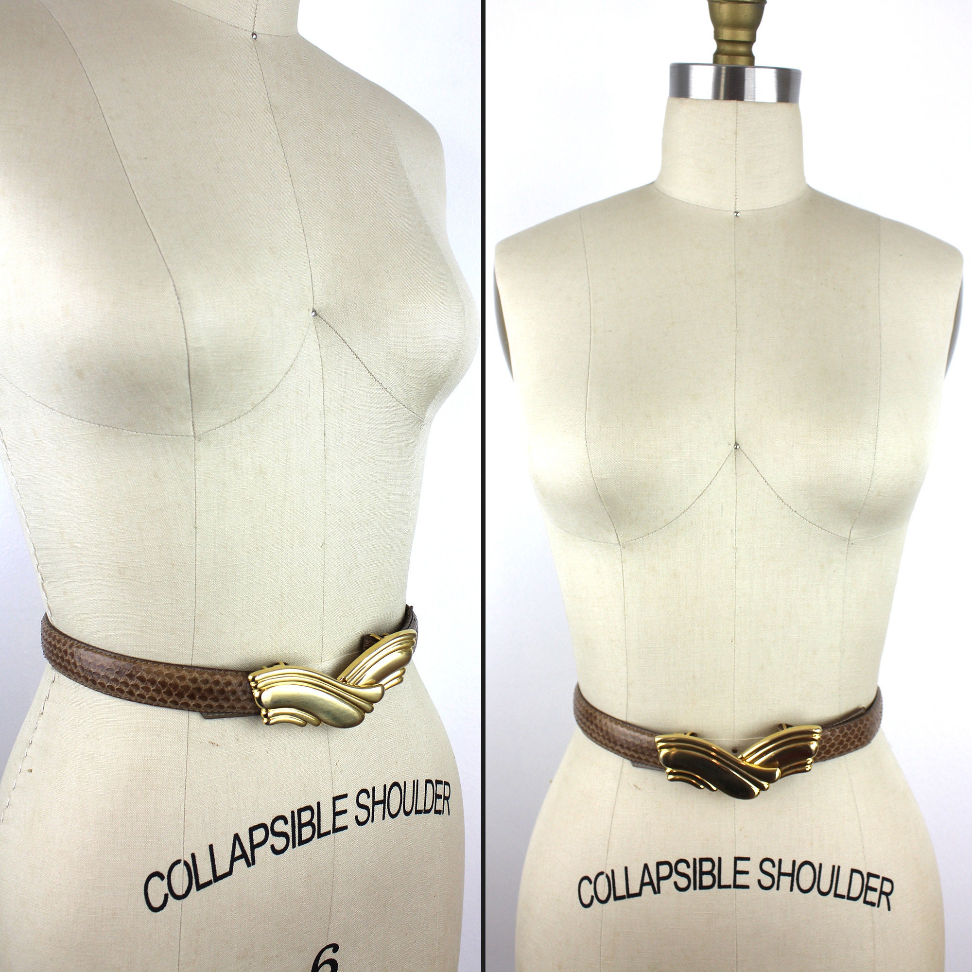 VTG Liz Claiborne M 80s Snakeskin Belt Tan-Mauve Gold Buckle Classic timeless Snakeskin Medium Gold Belts for Women for sale | eBay main image 4