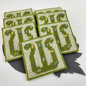 W Initial Monogram or Lyre Harp Vintage Handmade Cross Stitch Embroidery Needlepoint Set of 7 Coasters / Green White Blue Yellow Lavender