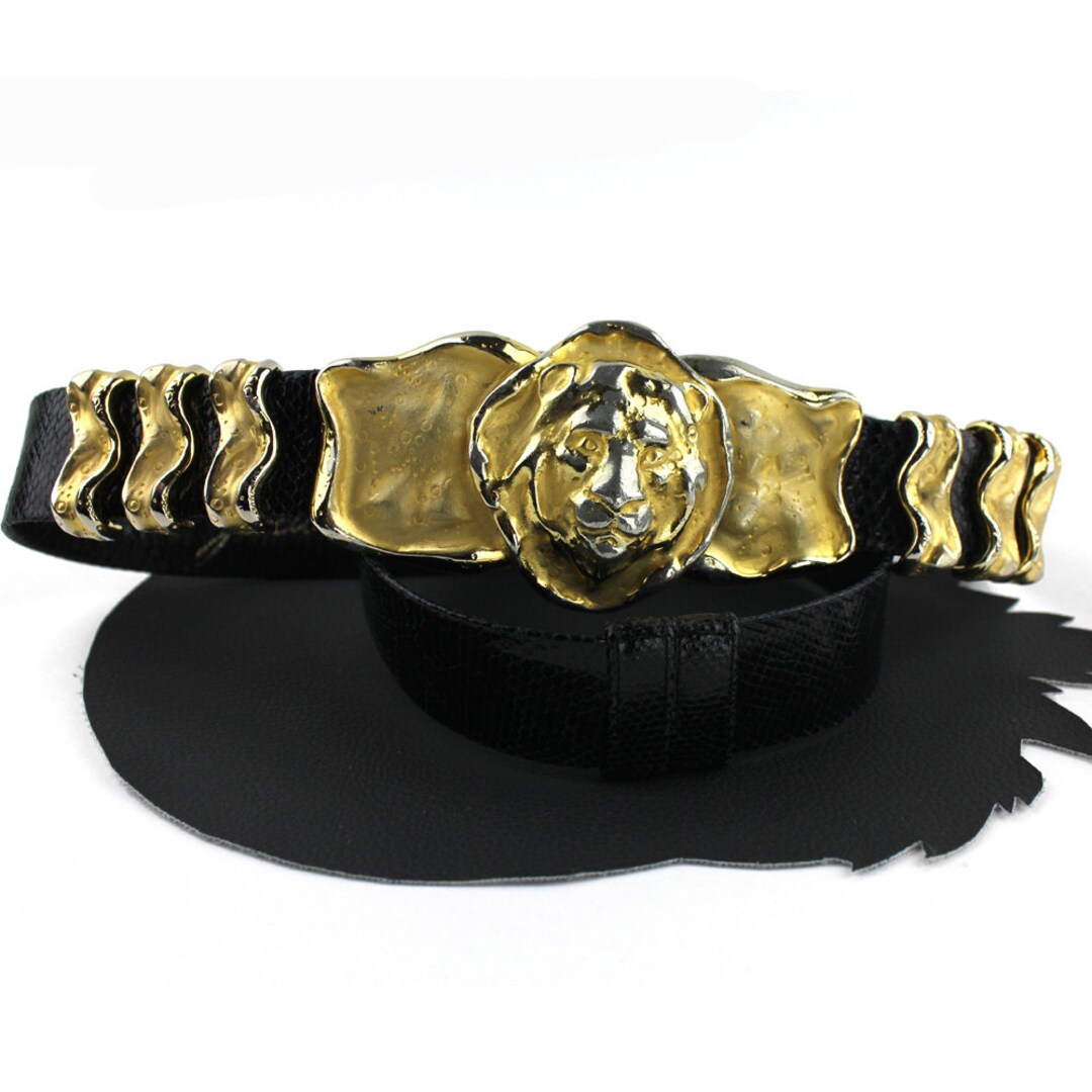 Vintage Judith Leiber Snakeskin Belt, Gold Lion Buckle  display picture 1