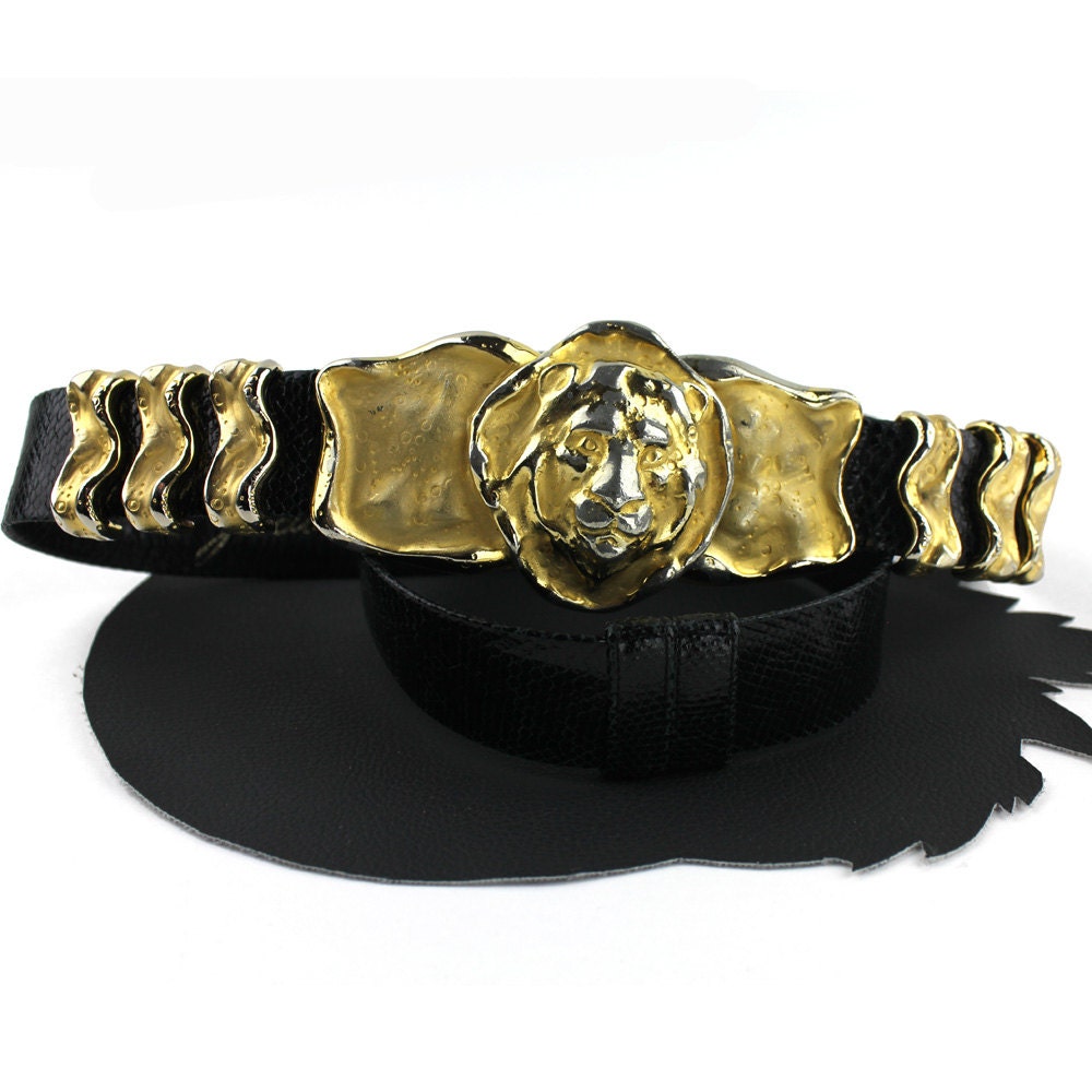Vintage Judith Leiber Snakeskin Belt, Gold Lion Buckle  display picture 2
