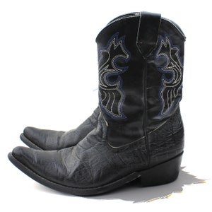 Children&#39;s Black Leather Cowboy Boots with Blue & White Stitching / Big Kid Size 6.5 / Vintage Little Boy Boots / Vintage Little Girl Boots