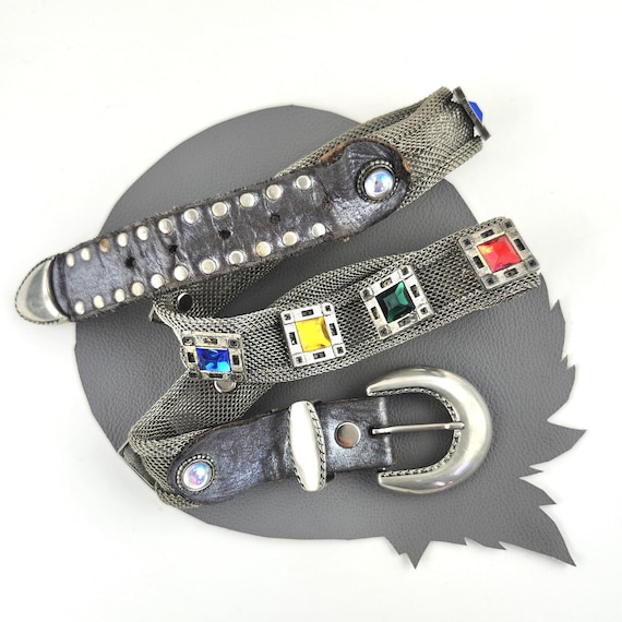 Rainbow Jeweled Silver Metal Mesh & Black Leather Studded  display picture 2
