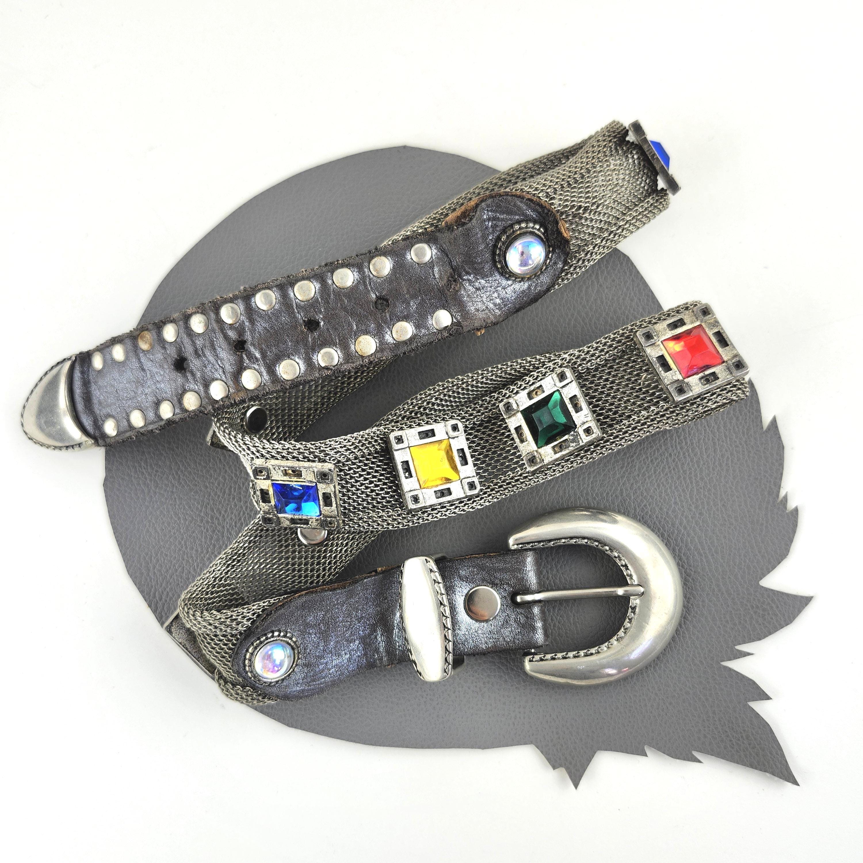 Rainbow Jeweled Silver Metal Mesh & Black Leather Studded Vintage