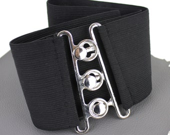 VTG 90s Punk Elastic/Metal Combo Black Belt PU Leather Punk Elastic Gothic Rivets Wide Cinch Belt  main image 2