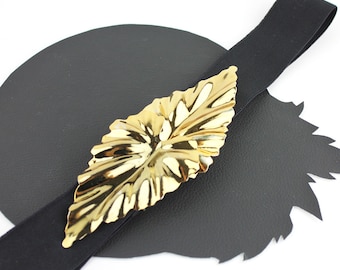 Gold Metal Leaf Buckle on Black Elastic Belt