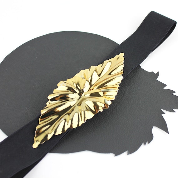 Gold Metal Leaf Buckle on Black Elastic Belt - Etsy display picture 1
