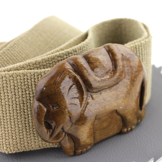 Wooden Elephant Buckle on Beige Belt / Vintage Sandy Design  display picture 3