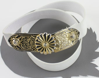 Vintage Gay Boyer Goldtone Seashell Buckle Grey Leather Belt  display picture 2
