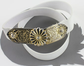 White Vinyl Belt with Gold Flower Buckle / Vintage Gay Boyer 1985 Belt / Moroccan Inspired Belt Gift for Her