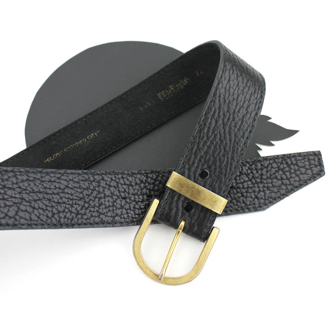 Black Leather Olde English Belt With Brass Buckle Size 32 Etsy