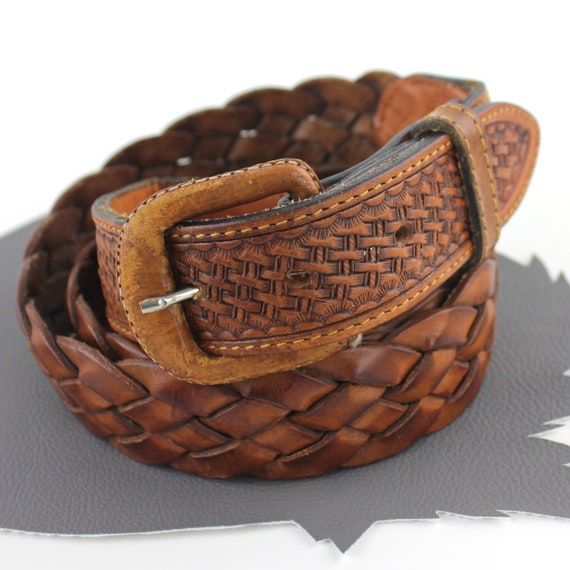 Distressed Brown Leather Woven Belt Unisex size U… - image 1