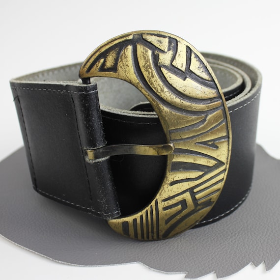 Wide Black Leather Belt With Brass Abstract Buckle Size 34 / Black Leather  2 1/2 Inch Wide Statement Belt 