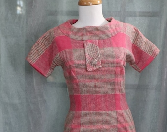 Pink Plaid Dress Size - Small/Medium 1950s Vintage Wool -See Description for Measurements