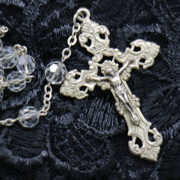 Large Sterling Silver Rosary with Crystal Aurora Borealis signed AP