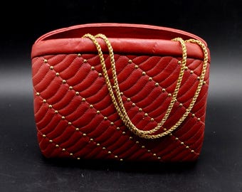 Vintage Rosenfeld Handbag -1960s- Muted Red Leather with Gold Studs- Please Read Description