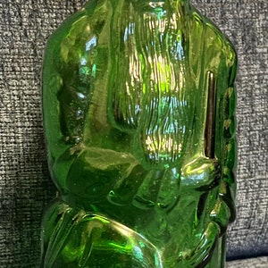 Liquor Bottles, Green and Brown Glass Figural -Old Asian Man with Long Beard, Wise Man Bottle with cap/cork