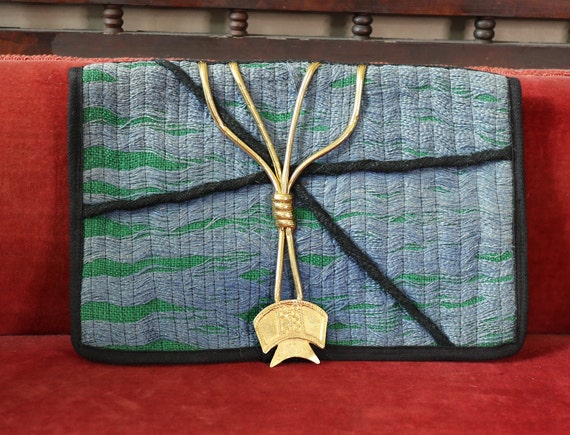 Blue/Green Carpet Bag 1980s Vintage Fold Over Clu… - image 1