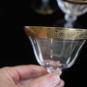 Tiffin Franciscan Cocktail Glasses -22kt Gold Optic Swirl with Cut Glass Stems-Set of Six