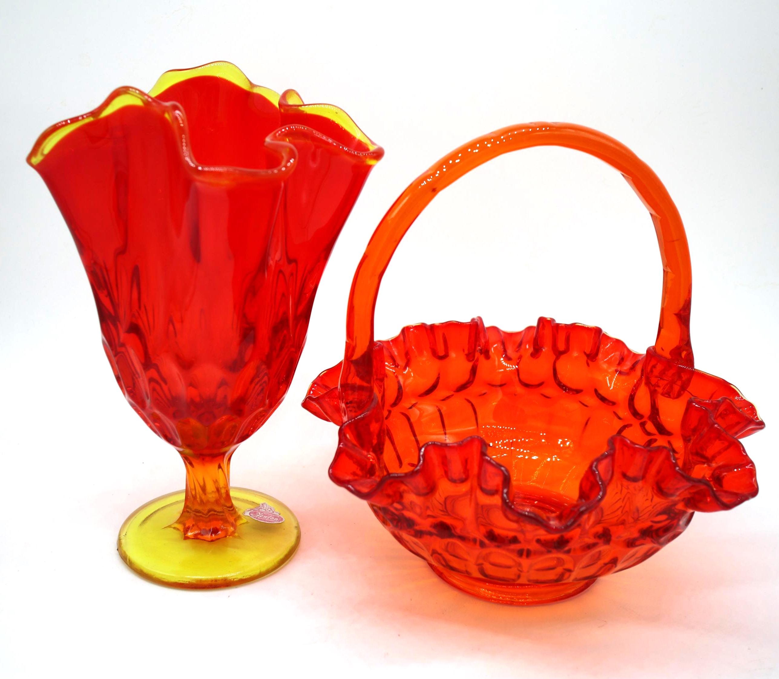 1930s Fenton Art Glass Basket and Vase - Red Yellow Cadmium Glass