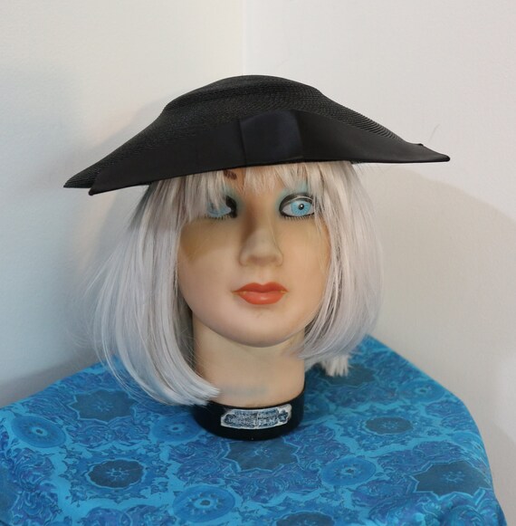 Elegant Black Saucer/platter Hat With Front Bow Like New Etsy