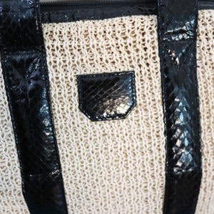 Woven Handbag with Genuine Black Snakeskin Straps and Detailing 1980s Vintage -Like New !!!