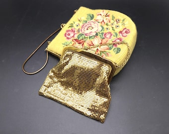 Gold Mesh Bag von Withing andbaumw and Floral Tapestry Bag- Gut bis Sehr Gut Zustand 40er und 50er Jahre